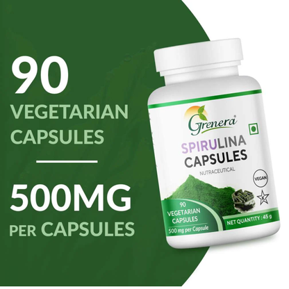 Spirulina Capsules | Nutraceutical- Vegan, Gluten Free, Non Gmo, Preservatives Free &amp; No Additives - Grenera – 90 Capsules