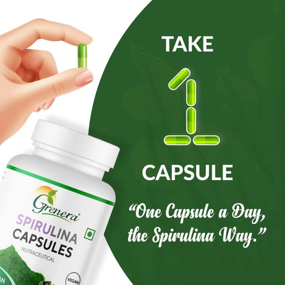 Spirulina Capsules | Nutraceutical- Vegan, Gluten Free, Non Gmo, Preservatives Free &amp; No Additives - Grenera – 90 Capsules
