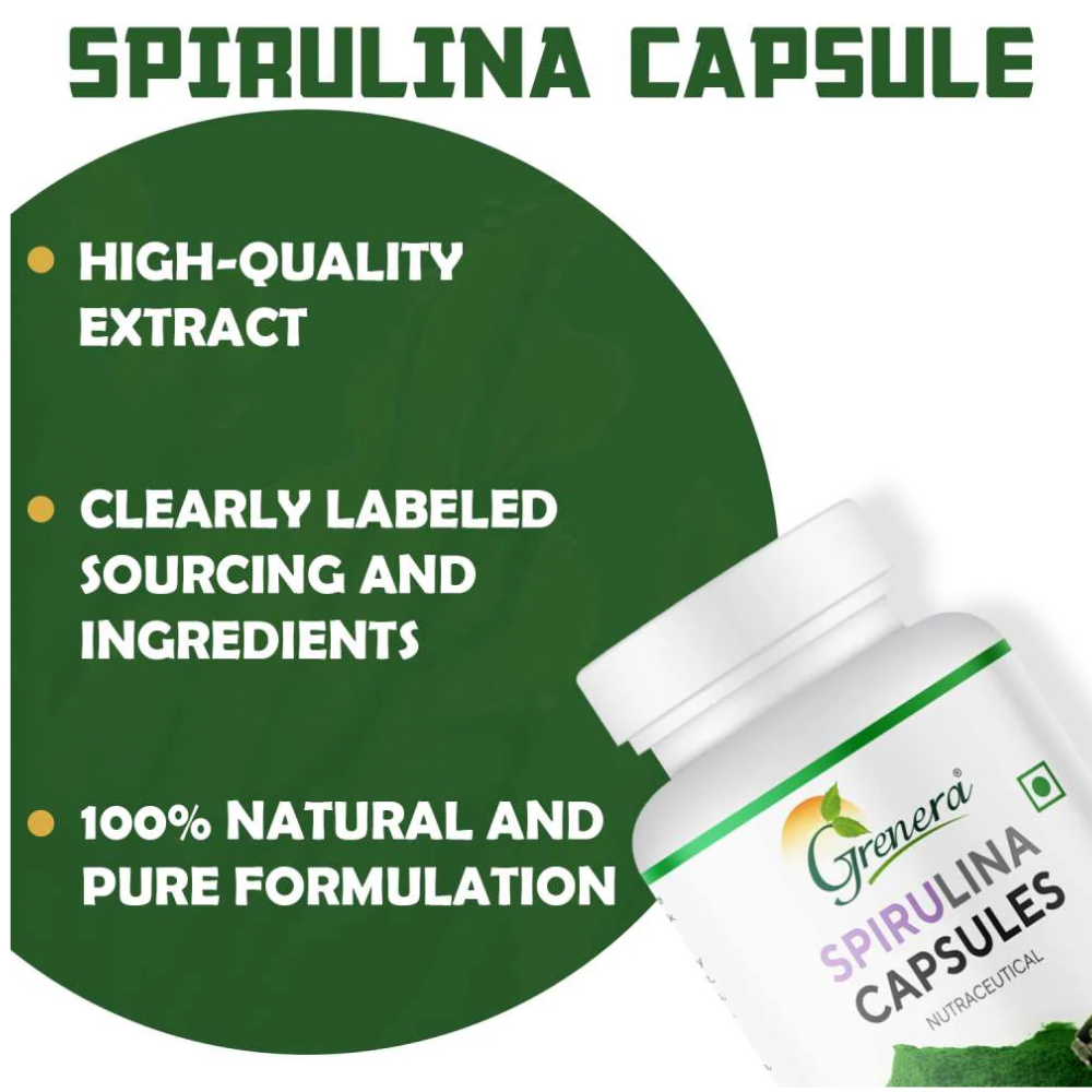 Spirulina Capsules | Nutraceutical- Vegan, Gluten Free, Non Gmo, Preservatives Free &amp; No Additives - Grenera – 90 Capsules