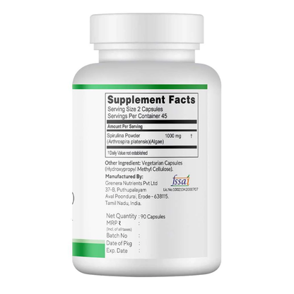 Spirulina Capsules | Nutraceutical- Vegan, Gluten Free, Non Gmo, Preservatives Free &amp; No Additives - Grenera – 90 Capsules