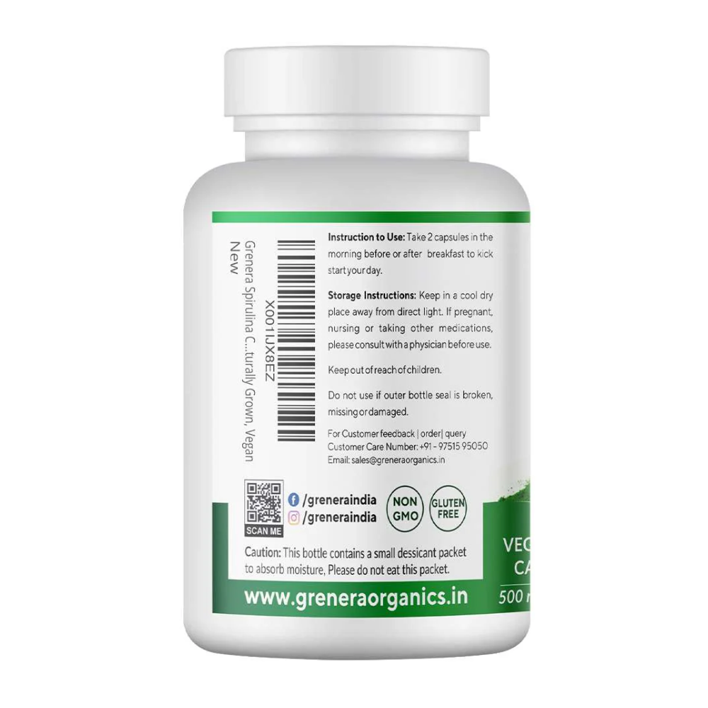 Spirulina Capsules | Nutraceutical- Vegan, Gluten Free, Non Gmo, Preservatives Free &amp; No Additives - Grenera – 90 Capsules