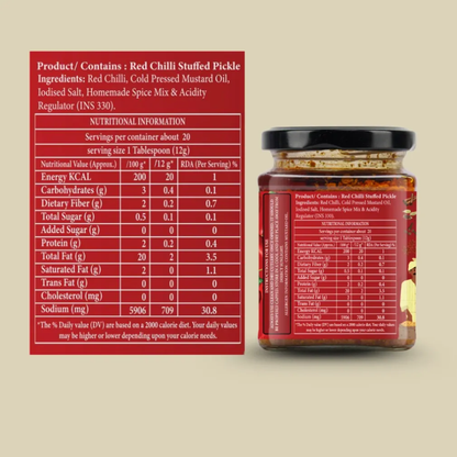 Pickle | Bharwan Lal Mirch (Red Chilli Pickle)- 100% Homemade - No Added Preservatives - 100% Homemade - No Added Preservatives - Organic Nation- 250gm