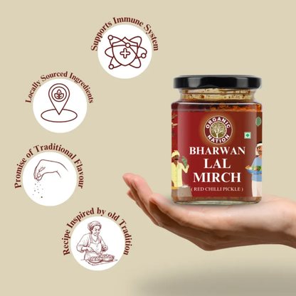 Pickle | Bharwan Lal Mirch (Red Chilli Pickle)- 100% Homemade - No Added Preservatives - 100% Homemade - No Added Preservatives - Organic Nation- 250gm
