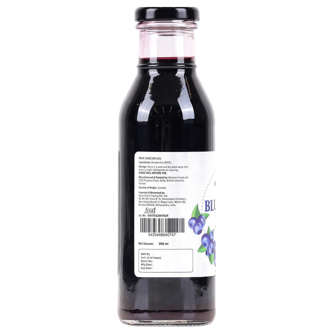 Juice | Pure Canadian Blueberry Juice (Made With Only One Ingredients) - All Natural -  Unsweetened - Canadian - Supports Brain, Heart, Immune Health, Antioxidant Powerhouse, No Added Sugar & Preservative Free - Urban Patter - 350ml