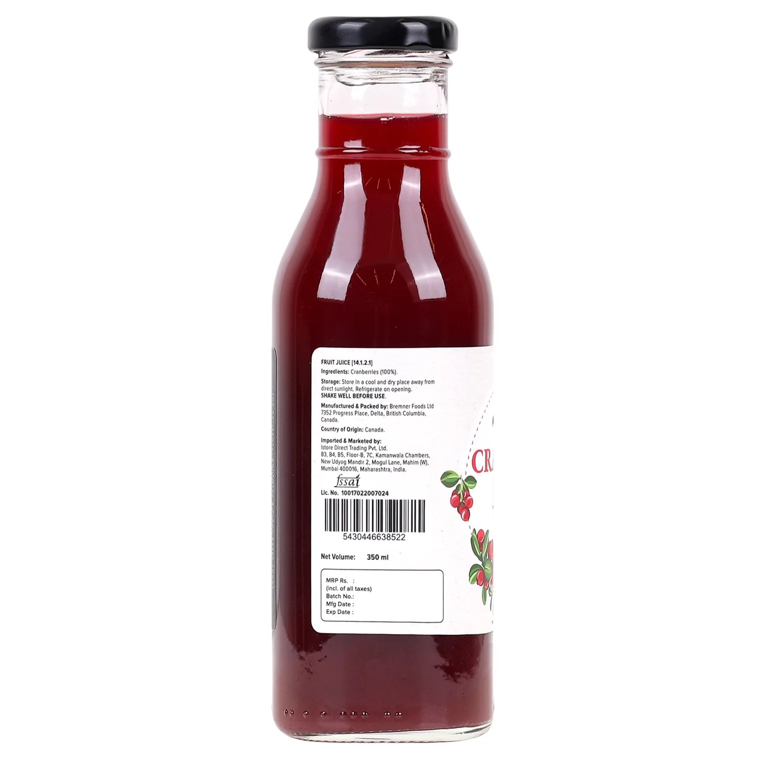 Juice | Pure Canadian Cranberry Juice (Made With Only One Ingredients) - All Natural - Unsweetened - Canadian -  Good for UTI Health, Antioxidant Powerhouse &amp; Preservative Free - Urban Patter - 350ml