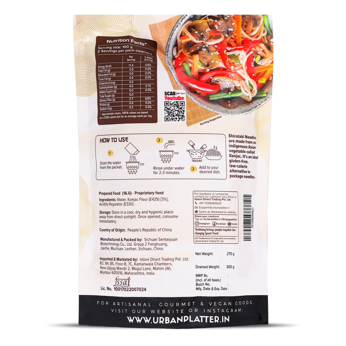 Shirataki Noodles – Gluten Free, Fat Free, Msg Free &amp; Low Carb - Urban Platter – 270gm