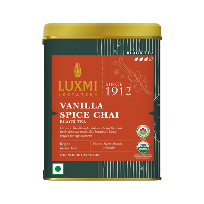Tea | Black Tea - Vanilla Spice Chai  – Sweet, Smooth, Aromatic, Notes - USDA Organic – Luxmi Estates – 100gm