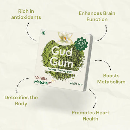 Chewing Gum - Vanilla Matcha Chewing Gum - 15 Pieces Per Pack - Natural - Vegan, Sugar Free &amp; Plastic Free - Gud Gum - 21gm
