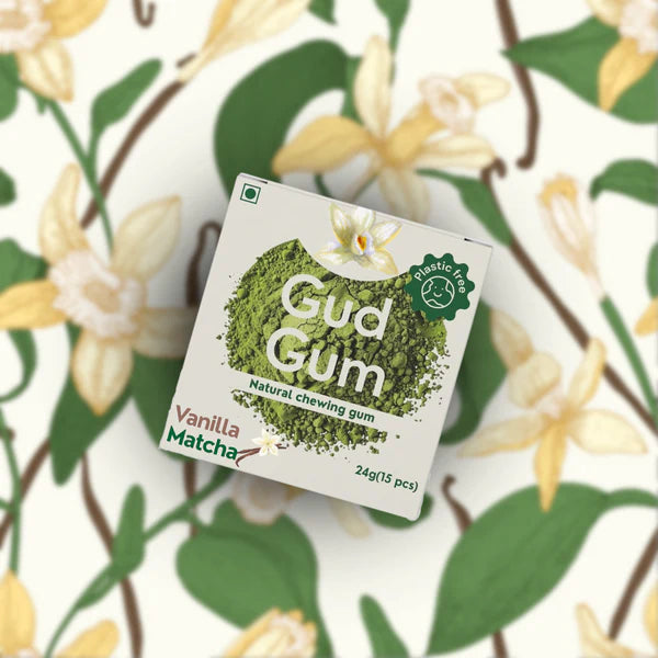 Chewing Gum - Vanilla Matcha Chewing Gum - 15 Pieces Per Pack - Natural - Vegan, Sugar Free &amp; Plastic Free - Gud Gum - 21gm