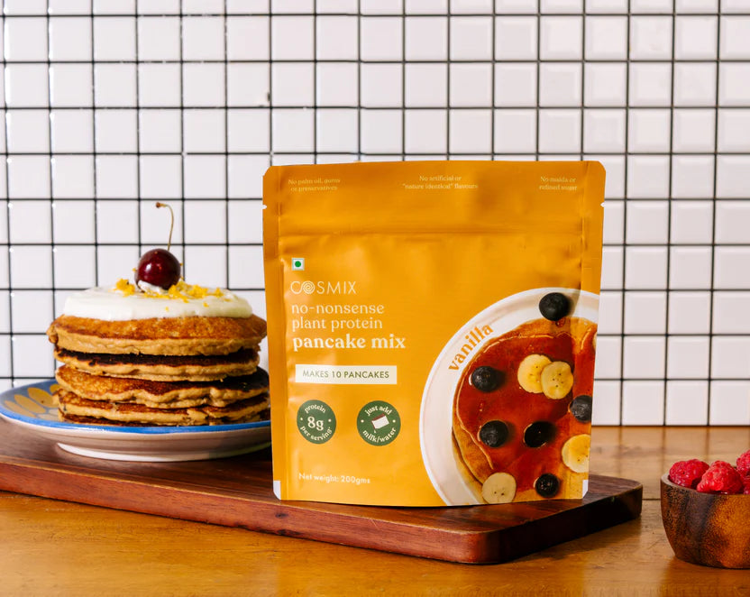 Pancake Mix | Vanilla - No Nonsense - Plant Protein Pancake Mix - No Palm Oil, Maida, Gums, No Refined Sugar & No Artificial Flavours - Cosmix - 200gm - Makes 10 Pancakes
