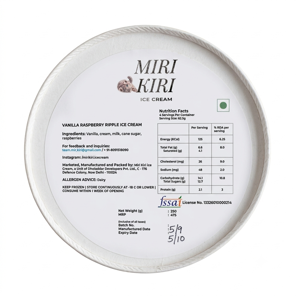 Ice Cream| Vanilla Raspberry Ripple Ice Cream-Balanced, Aromatic, and Elegant -No Artificial Flavours or Colours - Miri Kiri – 250gm