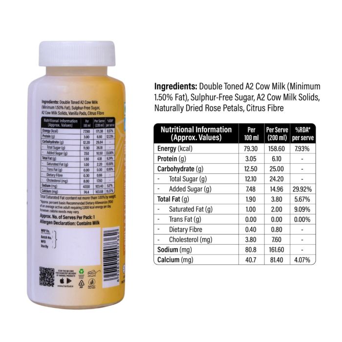 A2 Flavoured Milk | Vanilla Flavoured A2  Milk - Source of Protein and Calcium- No Refined sugar, No Emulsifiers, No stabilisers- Cholesterol Free, No Preservatives or Artificial flavours - Haribol - 220ml