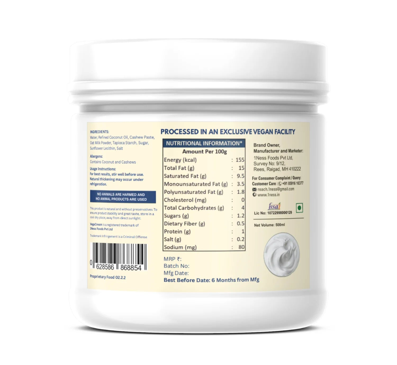 Cooking Cream | Vega Cream  - Vegan -No Preservative ,GMO, Palm &amp; Dairy Free - 1Ness - 500gm