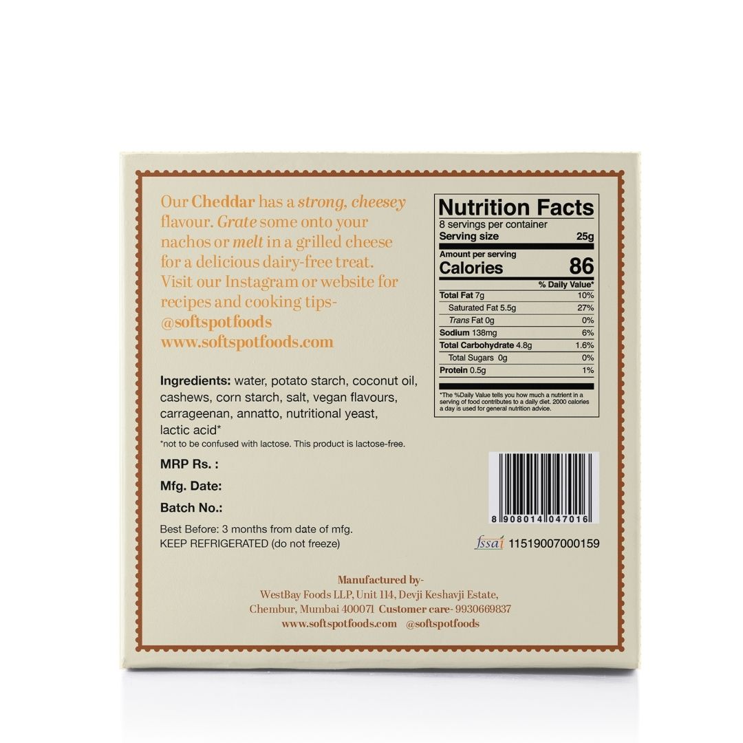 Vegan Cheddar Cheese | Pasteurized - Gluten Free, Dairy Free &amp;amp; Lactose Free - Soft Spot Foods – 200gm