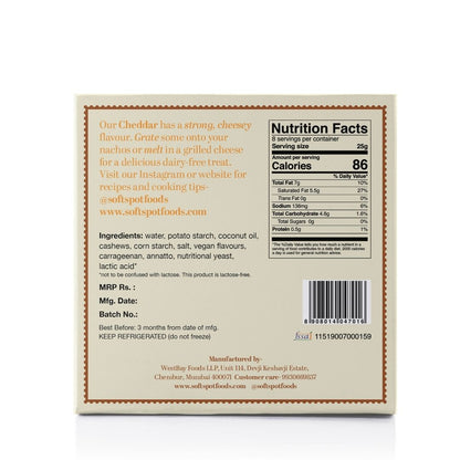 Vegan Cheddar Cheese | Pasteurized - Gluten Free, Dairy Free &amp;amp; Lactose Free - Soft Spot Foods – 200gm
