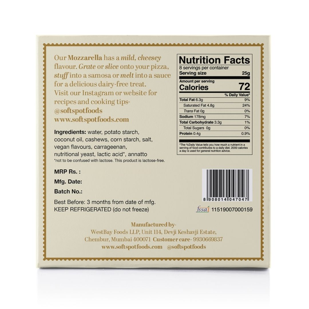 Vegan Mozzarella Cheese | Pasteurized - Grates &amp;amp; Melts – Gluten Free, Dairy Free &amp;amp; Lactose Free – Soft Spot Foods – 200gm