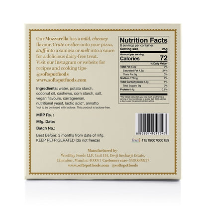 Vegan Mozzarella Cheese | Pasteurized - Grates &amp;amp; Melts – Gluten Free, Dairy Free &amp;amp; Lactose Free – Soft Spot Foods – 200gm