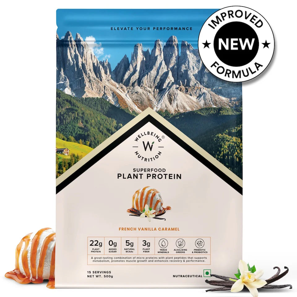 Protein Powder | Superfood Plant Protein – French Vanilla Caramel – Organic - Vegan, Gluten Free, Sugar Free & Dairy Free – Wellbeing Nutrition – 500gm