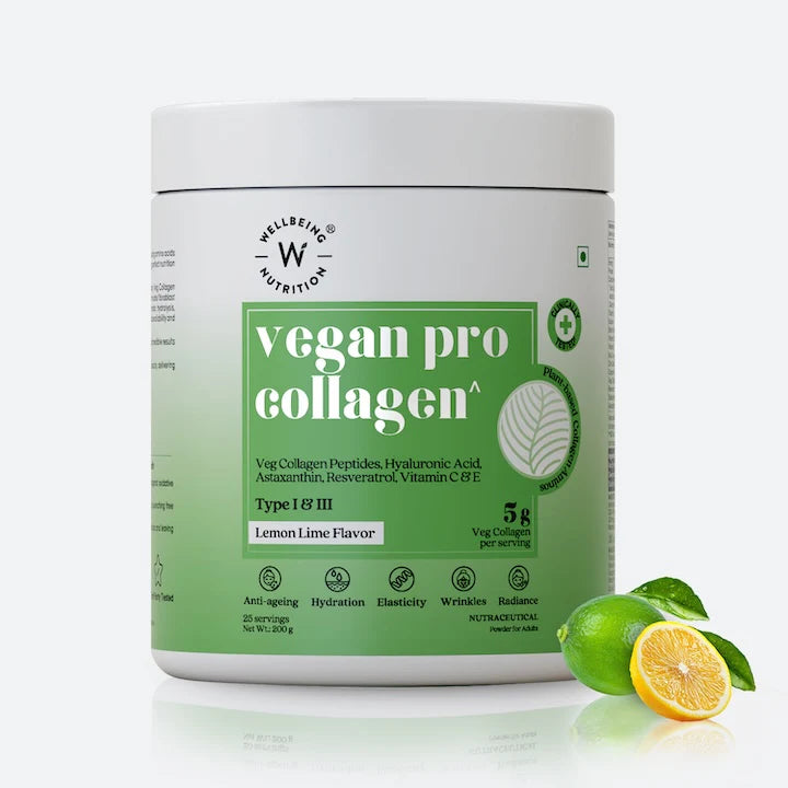 Collagen | Vegan Pro Collagen Lemon Lime - Anti Ageing - Hydration - Elasticity - Wrinkles - Radiance - Gluten Free, Non GMO, No Artificial Fillers & No Artificial Colors - Wellbeing Nutrition - 25 Serving - 200gm