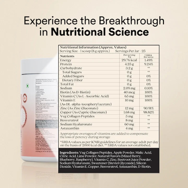 Collagen | Vegan Pro Collagen Mixed Berries - Anti Ageing - Hydration - Elasticity - Wrinkles - Radiance - Gluten Free, Non GMO, No Artificial Fillers &amp; No Artificial Colors - Wellbeing Nutrition - 25 Serving - 200gm