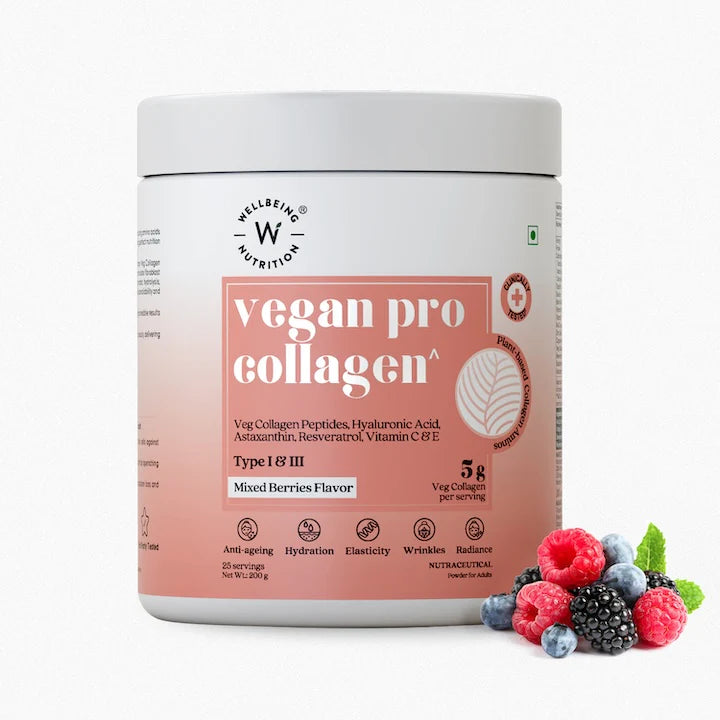 Collagen | Vegan Pro Collagen Mixed Berries - Anti Ageing - Hydration - Elasticity - Wrinkles - Radiance - Gluten Free, Non GMO, No Artificial Fillers &amp; No Artificial Colors - Wellbeing Nutrition - 25 Serving - 200gm
