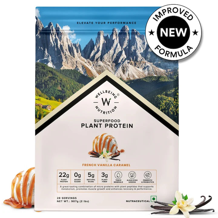 Protein Powder | Superfood Plant Protein - 22g Protein – French Vanilla Caramel – Organic - Vegan, Gluten Free, Sugar Free & Dairy Free – Wellbeing Nutrition – 907gm