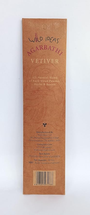 Vetiver Agarbathi - Incense Stick with Essential Oil-All Natural Blend of Bark Wood Powder  – Wild Ideas –  30 Sticks Pack