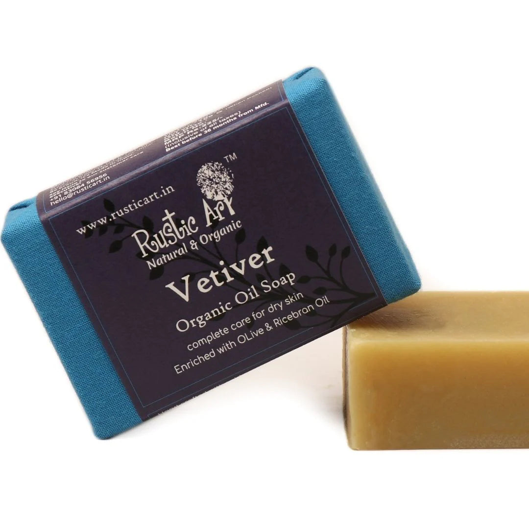 Soap | Vetiver Soap (Enriched With Olive & Ricebran Oil) - Complete Care For Dry Skin - Organic Oil Soap - Rustic Art - 100gm