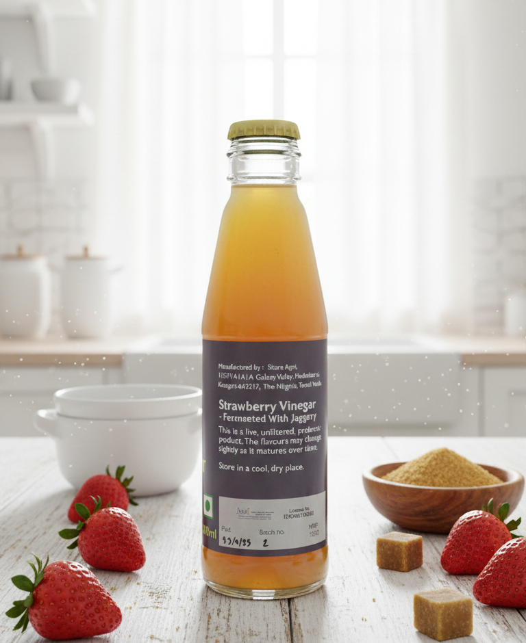 Vinegar | Strawberry Vinegar - Fermented With Jaggery - Salad Dressing - Marinated - Tangy Dessert Dressing - Mocktail - Cocktail - Pickling - No Added Preservatives - Sitara - 400ml