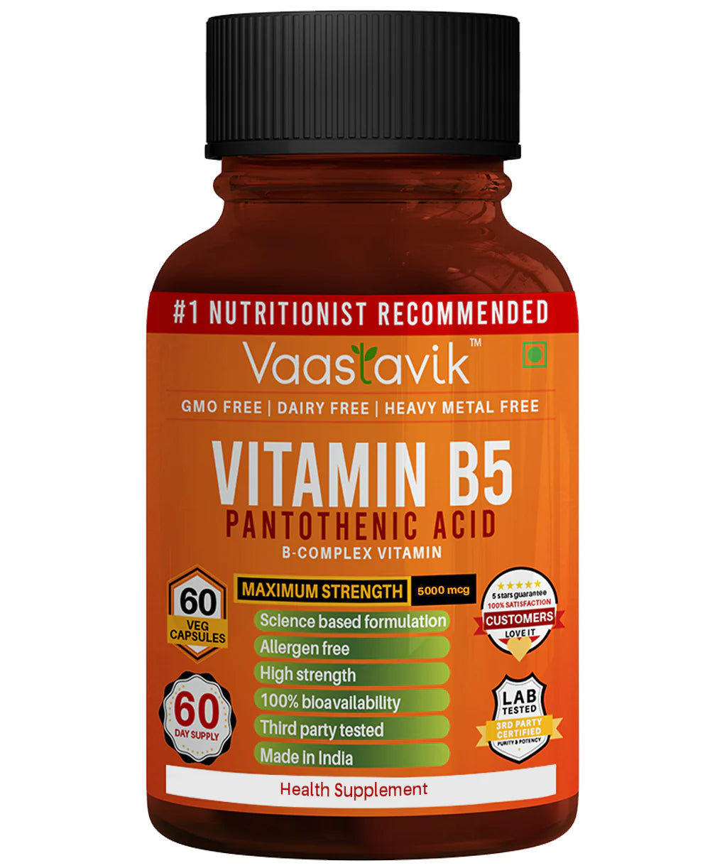 Vitamin B5 |  B Complex Vitamin (Pantothenic Acid) - High Strength - Gluten Free, Dairy Free, GMO Free &amp;amp; Heavy Metal Free - Vaastavik - (5000 mcg) - 60 Capsules
