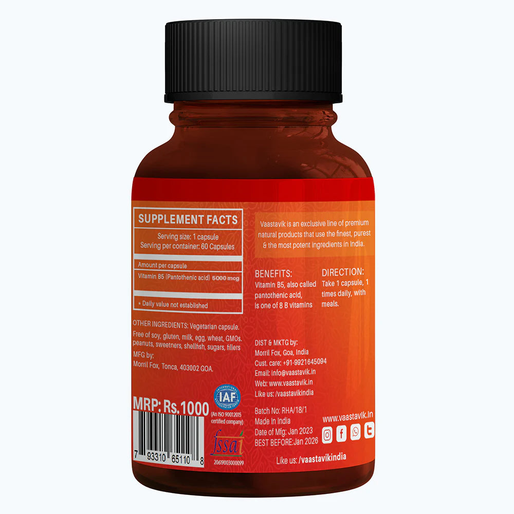Vitamin B5 |  B Complex Vitamin (Pantothenic Acid) - High Strength - Gluten Free, Dairy Free, GMO Free &amp;amp; Heavy Metal Free - Vaastavik - (5000 mcg) - 60 Capsules