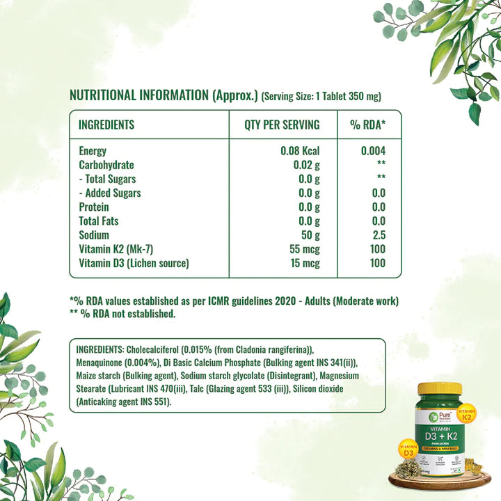 Vitamin | (D3 + K2 From Lichen) - Vitamin &amp;amp; Minerals - Natural - Promotes Bone Health &amp;amp; Boosts Immunity - (350 mg) - Pure Nutrition - 60 Capsules