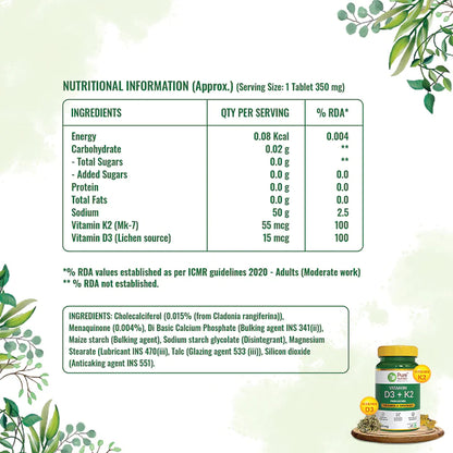 Vitamin | (D3 + K2 From Lichen) - Vitamin &amp;amp; Minerals - Natural - Promotes Bone Health &amp;amp; Boosts Immunity - (350 mg) - Pure Nutrition - 60 Capsules