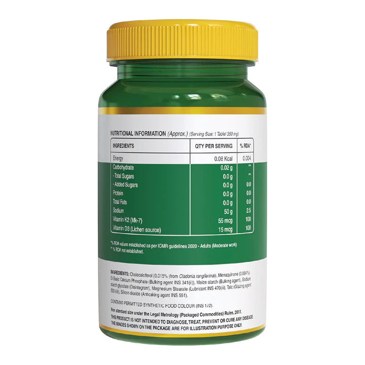 Vitamin | (D3 + K2 From Lichen) - Vitamin &amp;amp; Minerals - Natural - Promotes Bone Health &amp;amp; Boosts Immunity - (350 mg) - Pure Nutrition - 60 Capsules