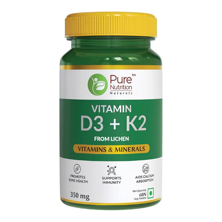 Vitamin | (D3 + K2 From Lichen) - Vitamin &amp;amp; Minerals - Natural - Promotes Bone Health &amp;amp; Boosts Immunity - (350 mg) - Pure Nutrition - 60 Capsules
