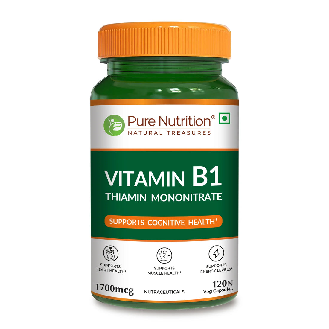 Vitamin B1 | Thiamine Mononitrate (1700 mcg) - Supports Cognitive Health - Supports Muscle Health , Supports Energy Levels, Supports Heart Health - Pure Nutrition - 120N Veg Capsules