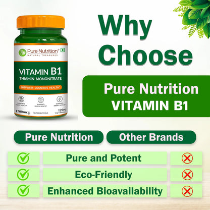 Vitamin B1 | Thiamine Mononitrate (1700 mcg) - Supports Cognitive Health - Supports Muscle Health , Supports Energy Levels, Supports Heart Health - Pure Nutrition - 120N Veg Capsules