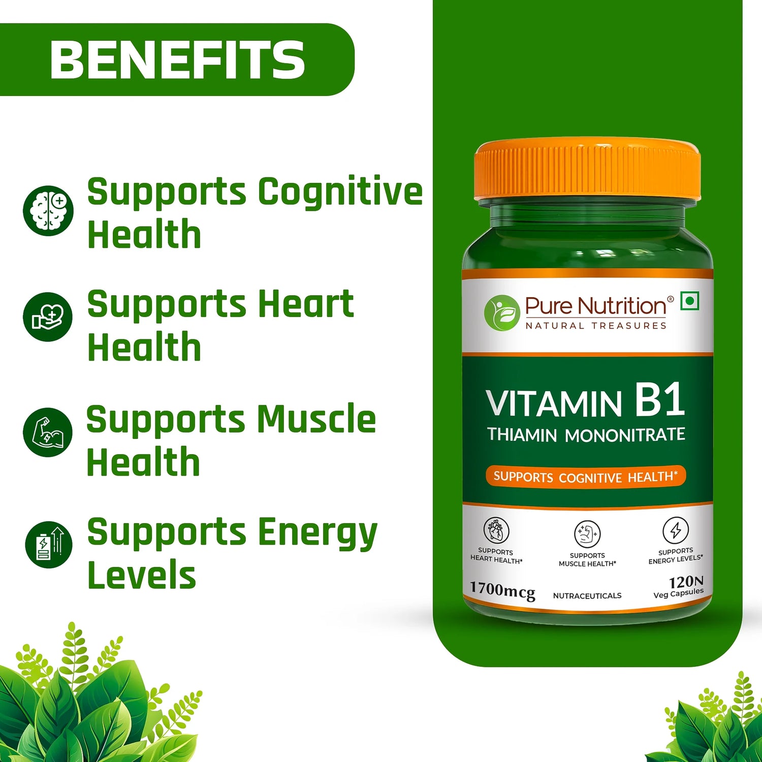 Vitamin B1 | Thiamine Mononitrate (1700 mcg) - Supports Cognitive Health - Supports Muscle Health , Supports Energy Levels, Supports Heart Health - Pure Nutrition - 120N Veg Capsules