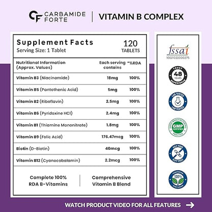 Vitamin B Complex | Supports Energy &amp; Immunity - Vitamin B Complex Supplements For Women &amp; Men - Carbamide Forte - 120 Tablets