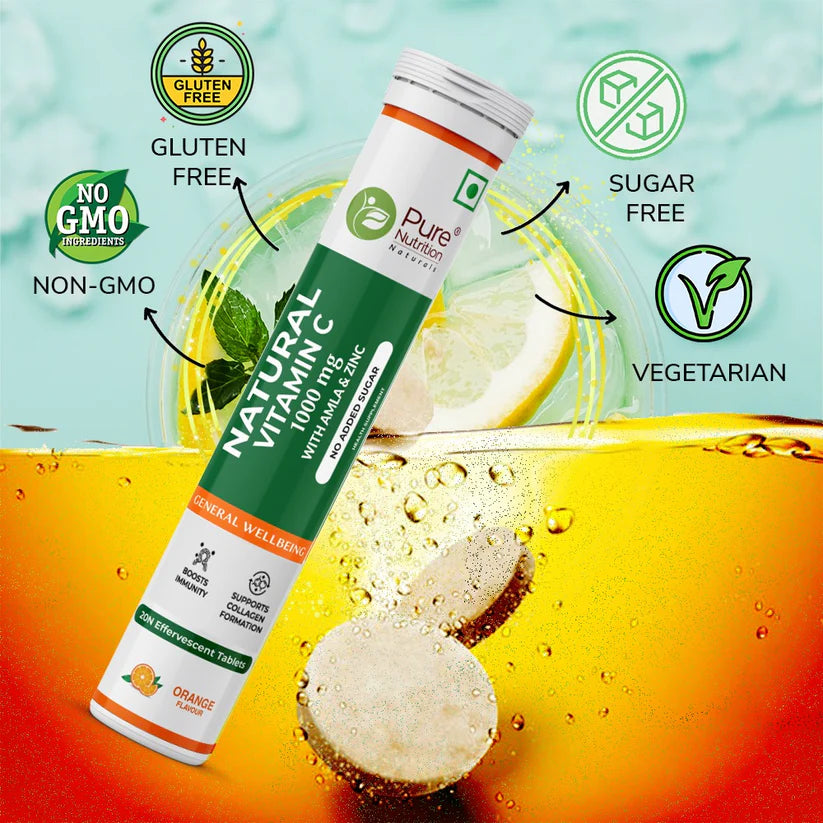 Vitamin C | Vitamin C With Amla &amp; Zinc – 1000 mg – Orange Flavour – For Immunity &amp; Skin Care – Gluten Free, Non GMO, No Added Sugar – Pure Nutrition – 20 Effervescent Tablets