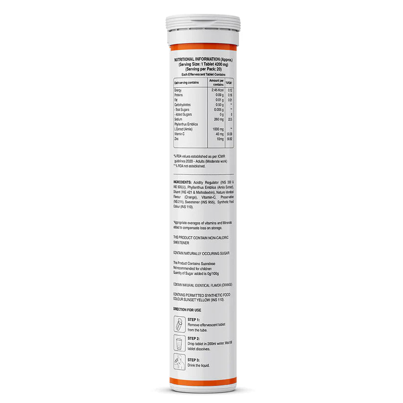Vitamin C | Vitamin C With Amla &amp; Zinc – 1000 mg – Orange Flavour – For Immunity &amp; Skin Care – Gluten Free, Non GMO, No Added Sugar – Pure Nutrition – 20 Effervescent Tablets