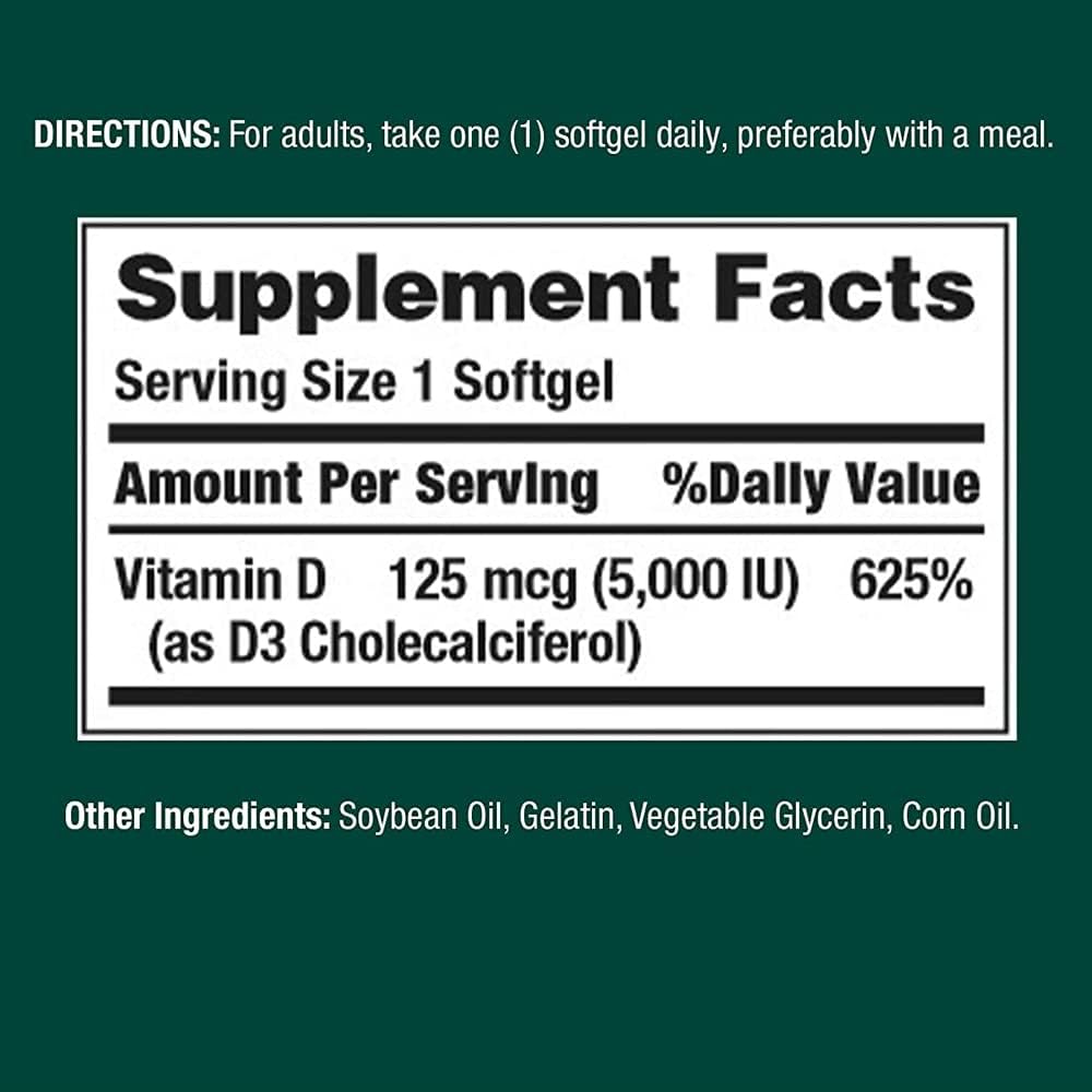 Vitamin D3 | 125mg (5000 IU) - Immune Health - Gluten Free, No Artificial Flavor, Sugar Free, Dairy Free, No Soy &amp; Sodium Free - Nature&