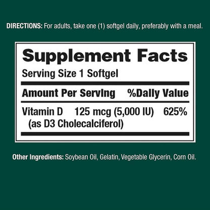 Vitamin D3 | 125mg (5000 IU) - Immune Health - Gluten Free, No Artificial Flavor, Sugar Free, Dairy Free, No Soy &amp; Sodium Free - Nature&