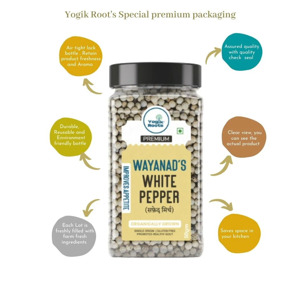 Pepper | Wayanad’s (White) – Single Origin – Organically Grown – Improves Appetite – Gluten Free, No Added Preservatives &amp;amp; Non GMO – Yogik Roots – 50gm