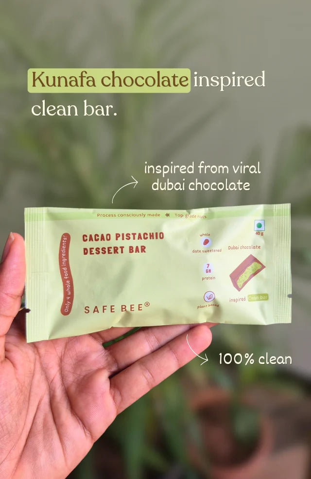Bar | Cacao Pistachio Dessert Bar (Date Sweetened, 7g Protein)  –Plant Based,  Gluten Free,Vegan- No Preservatives,No Added Sugar, No Added Stabilizers – Safe Bee – 40gm