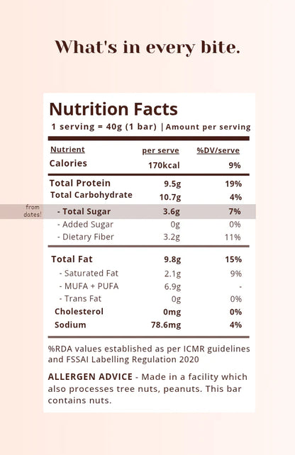 Bar | Almond Walnut Whole Food Bar (Date Sweetened, 9g Protein)  –Plant Based,  Gluten Free,Vegan- No Preservatives,No Added Sugar, No Added Stabilizers – Safe Bee – 40gm