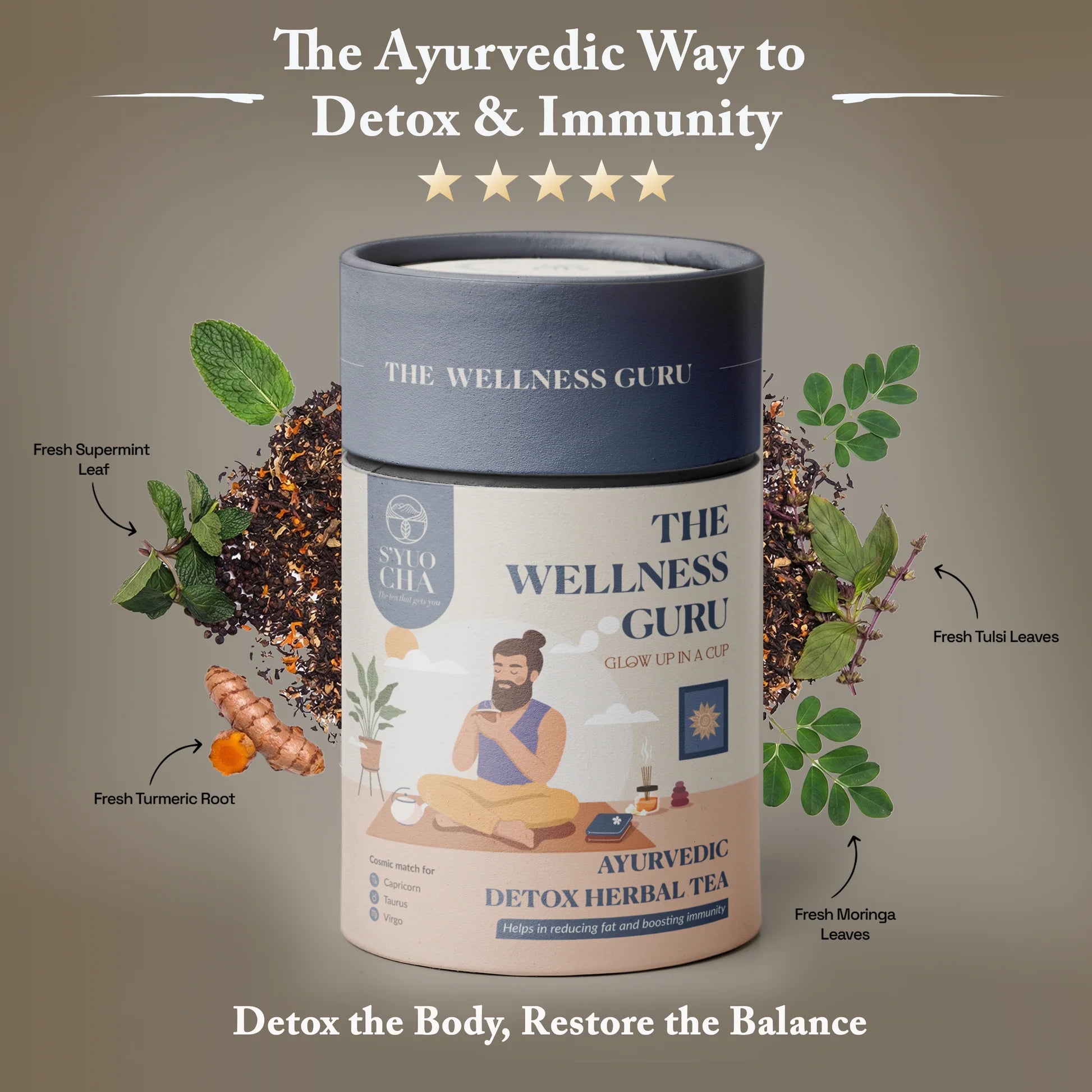 Tea |The Wellness Guru - Ayurvedic Detox Herbal Tea- Reducing Fat &amp; Boosting Immunity -No Side Effects-No Artificial Coloring- No Added Preservatives - Syuo Cha - 50gm