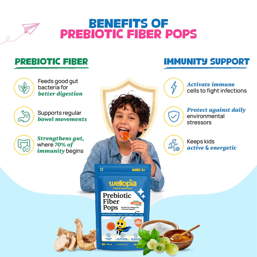 Pops | Prebiotic Fiber Pops (Ages 2+)-Natural Orange Flavour - Daily Immunity Support -No Artificial Preservatives - No Artificial Colors- No Refined Sugar - Wellopia - 1 5 Pops -90gm