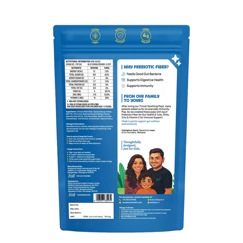 Pops | Prebiotic Fiber Pops (Ages 2+)-Natural Orange Flavour - Daily Immunity Support -No Artificial Preservatives - No Artificial Colors- No Refined Sugar - Wellopia - 1 5 Pops -90gm