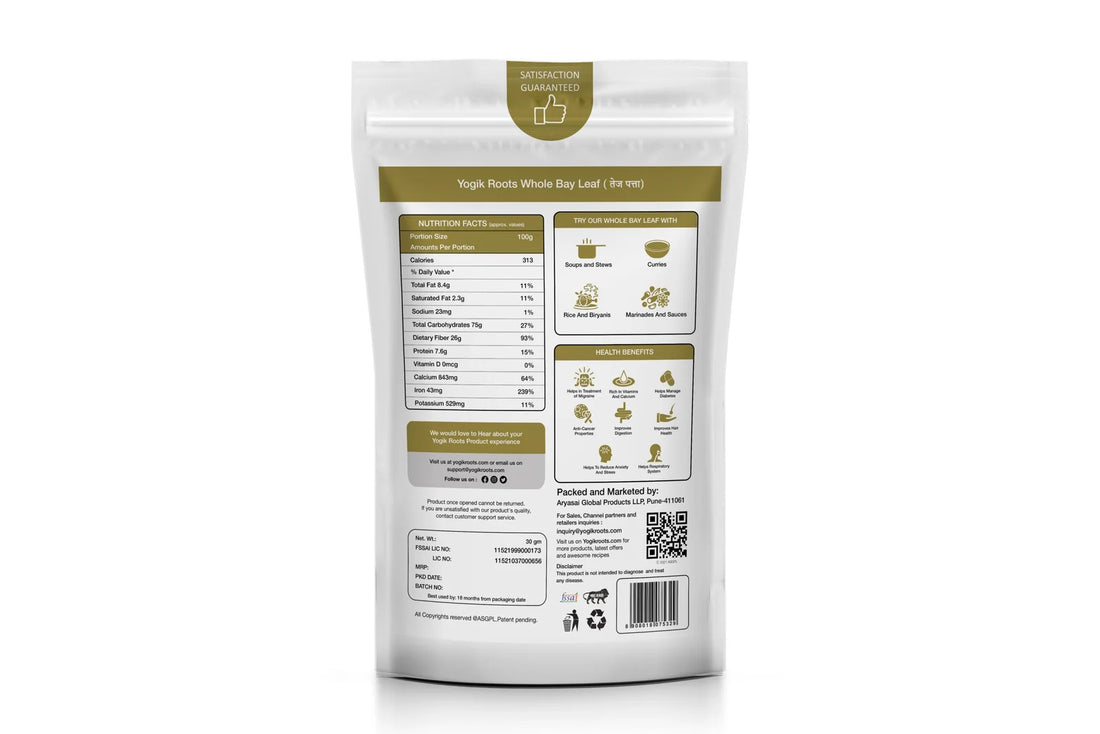 Bay Leaf | Premium - West Bengal Bay Leaf - Single Origin - Organically Grown - Gluten Free, Non GMO &amp; No Added Preservatives - Yogik Roots - 30gm